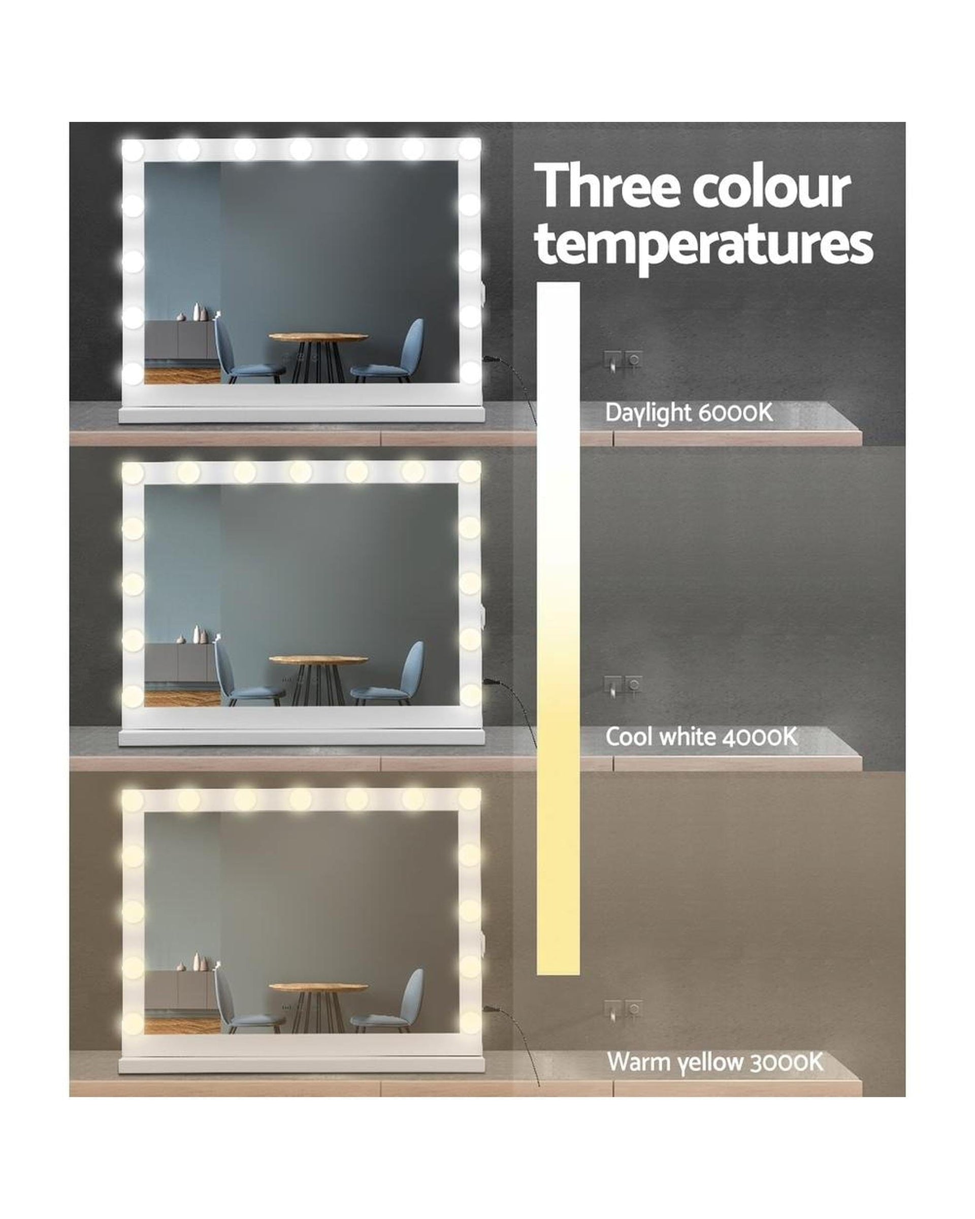 Embellir Mirror Makeup Mirror With Light Hollywood 15 LED Bulbs Vanity Lighted White 58cm x 46cm