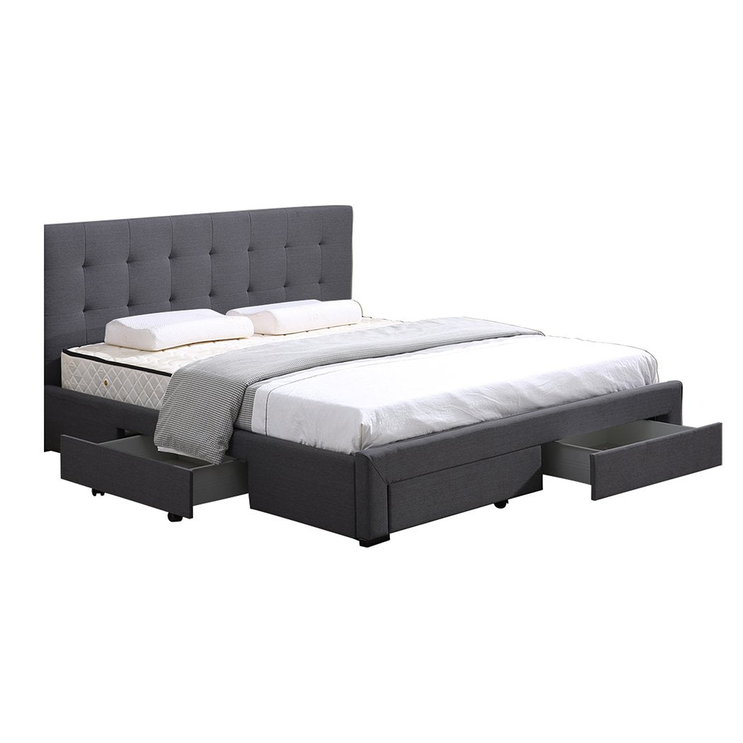Bed Frame Base With Storage Drawer Mattress Wooden Fabric King Dark Grey Levede