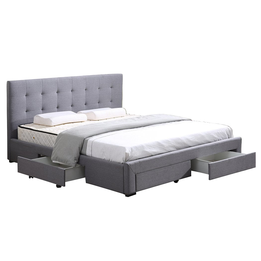 Bed Frame Base With Storage Drawer Mattress Wooden Fabric Double Grey Levede