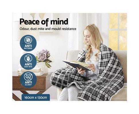 Giselle Electric Blanket Electric Throw Rug Flannel Snuggle Blanket Washable Heated Grey and White Checkered