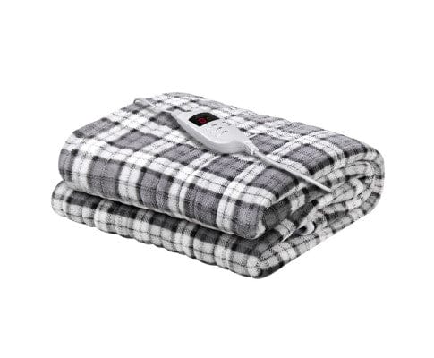 Giselle Electric Blanket Electric Throw Rug Flannel Snuggle Blanket Washable Heated Grey and White Checkered