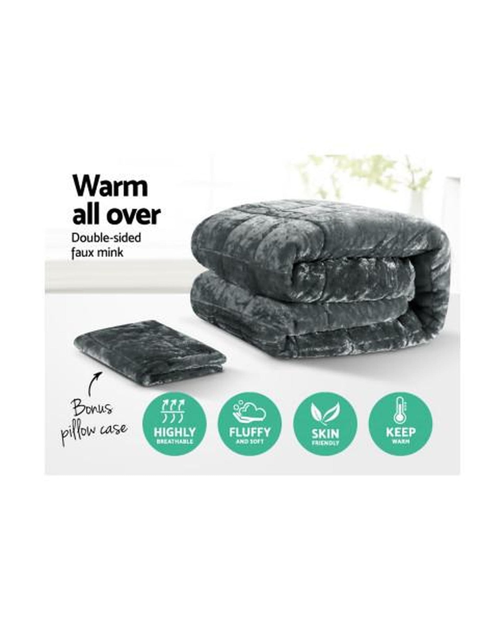 Giselle Comforter Faux Mink Quilt Fleece Throw Blanket Comforter Duvet Charcoa