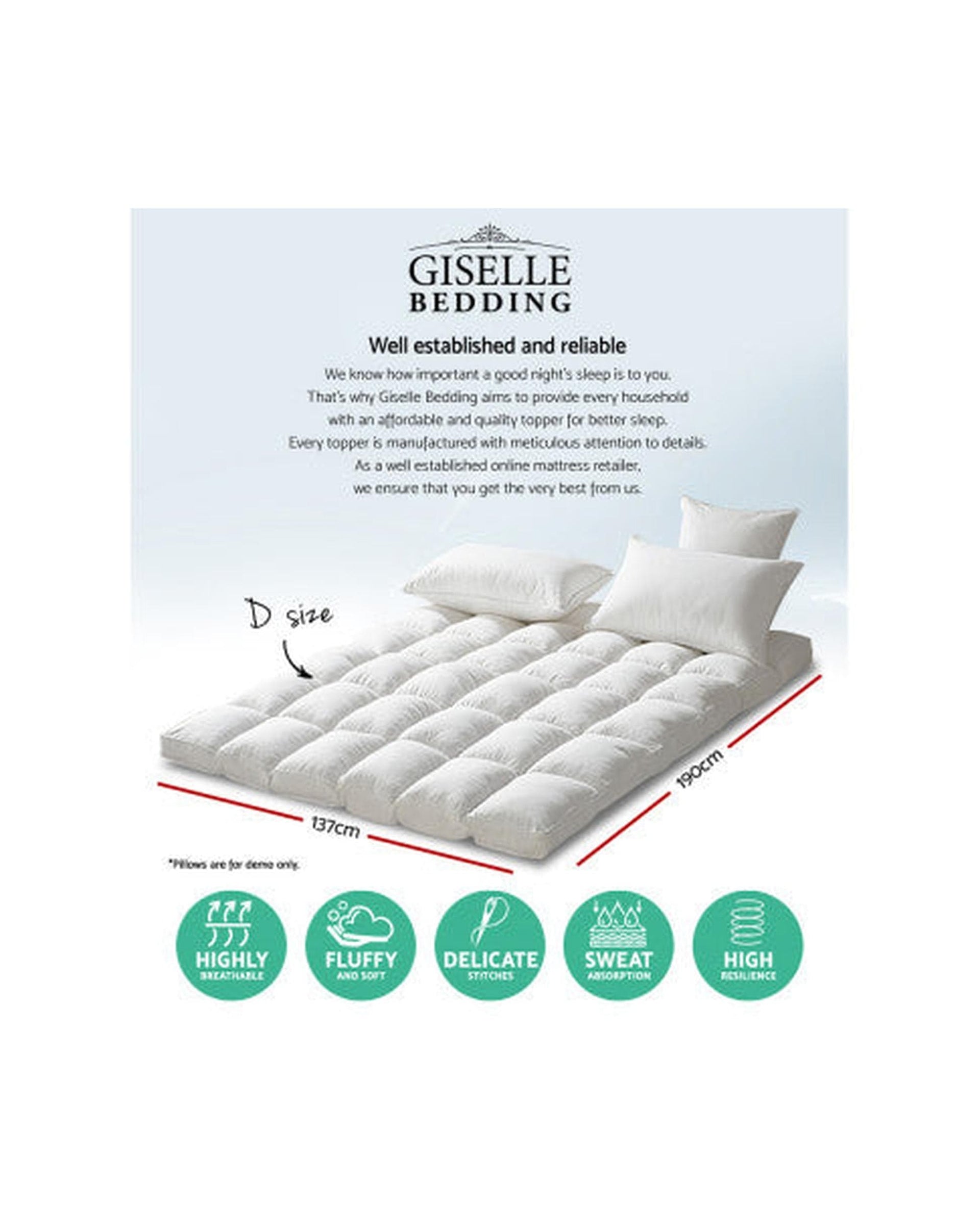 Giselle Mattress Topper Mattress Topper Pillowtop 1000GSM Microfibre Filling Protector