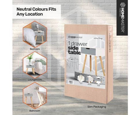 Home Master Bedside Table 1 Drawer Side Table Modern Sleek & Stylish Neutral Design 61cm