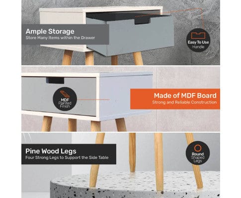 Home Master Bedside Table 1 Drawer Side Table Modern Sleek & Stylish Neutral Design 61cm