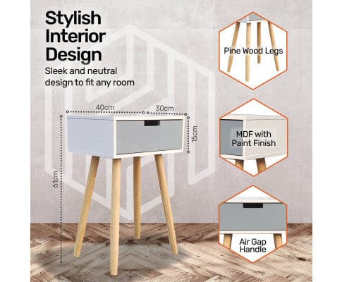Home Master Bedside Table 1 Drawer Side Table Modern Sleek & Stylish Neutral Design 61cm