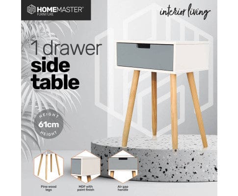 Home Master Bedside Table 1 Drawer Side Table Modern Sleek & Stylish Neutral Design 61cm