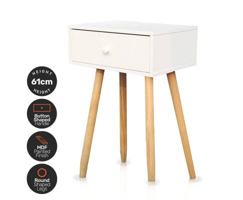 Home Master Bedside Table 1 Drawer Side Table Sleek Modern & Stylish Neutral Design 61cm