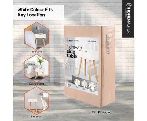 Home Master Bedside Table 1 Drawer Side Table Sleek Modern & Stylish Neutral Design 61cm