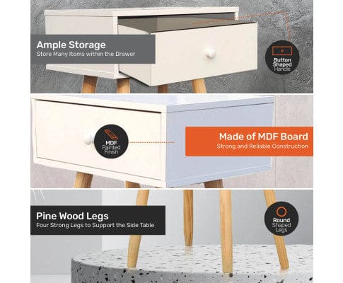 Home Master Bedside Table 1 Drawer Side Table Sleek Modern & Stylish Neutral Design 61cm