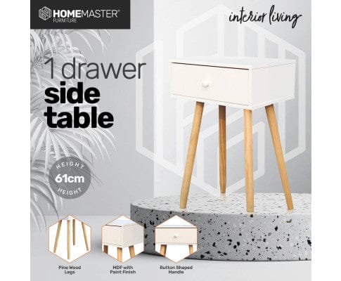 Home Master Bedside Table 1 Drawer Side Table Sleek Modern & Stylish Neutral Design 61cm