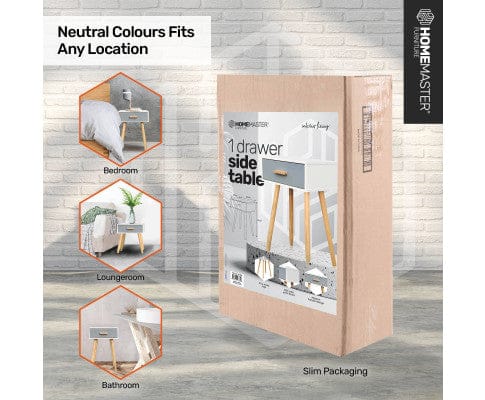 Home Master Bedside Table 1 Drawer Side Table Sleek Modern & Stylish Neutral Design 61cm