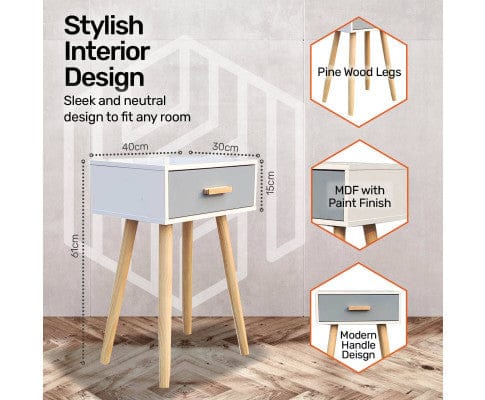 Home Master Bedside Table 1 Drawer Side Table Sleek Modern & Stylish Neutral Design 61cm