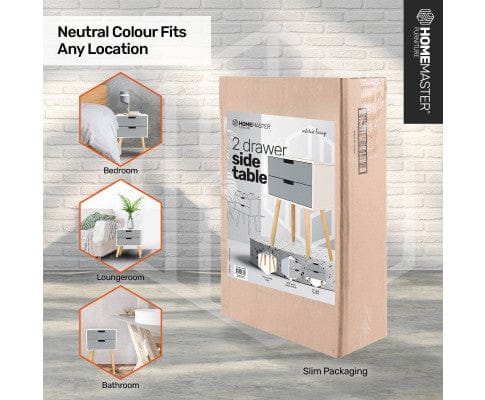 Home Master Bedside Table 2 Drawer Side Table Modern Sleek & Stylish Neutral Design 61cm