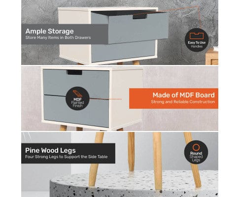 Home Master Bedside Table 2 Drawer Side Table Modern Sleek & Stylish Neutral Design 61cm