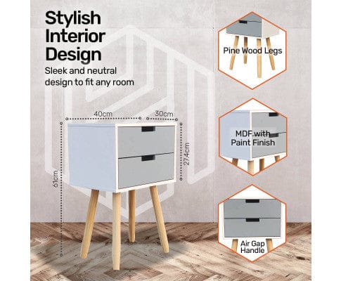 Home Master Bedside Table 2 Drawer Side Table Modern Sleek & Stylish Neutral Design 61cm
