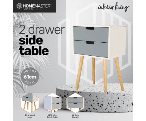 Home Master Bedside Table 2 Drawer Side Table Modern Sleek & Stylish Neutral Design 61cm