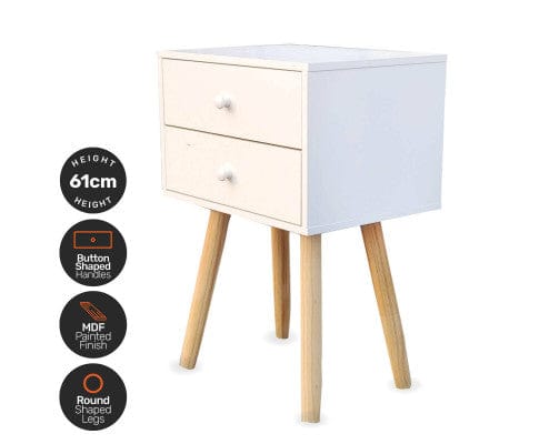 Home Master Bedside Table 2 Drawer Side Table Sleek Modern & Stylish Neutral Design 61cm