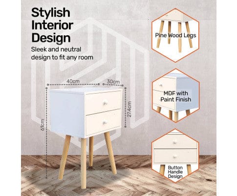 Home Master Bedside Table 2 Drawer Side Table Sleek Modern & Stylish Neutral Design 61cm