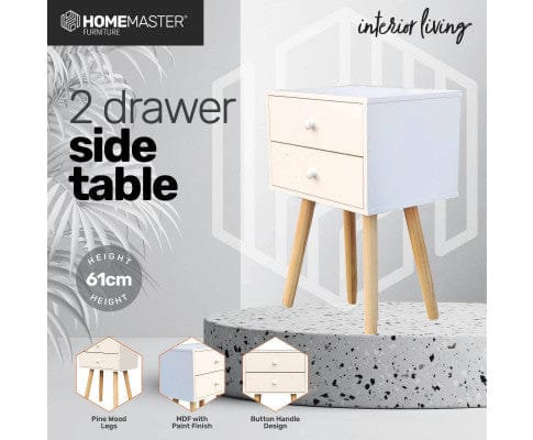 Home Master Bedside Table 2 Drawer Side Table Sleek Modern & Stylish Neutral Design 61cm