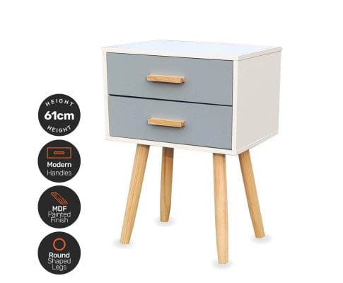 Home Master Bedside Table 2 Drawer Side Table Sleek Modern & Stylish Neutral Design 61cm