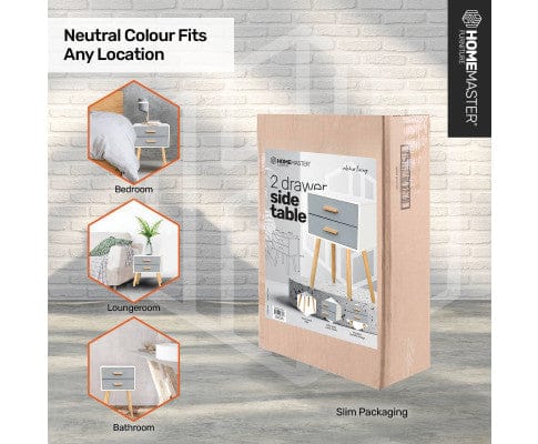 Home Master Bedside Table 2 Drawer Side Table Sleek Modern & Stylish Neutral Design 61cm