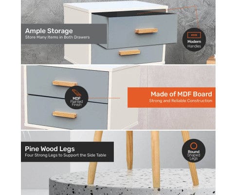 Home Master Bedside Table 2 Drawer Side Table Sleek Modern & Stylish Neutral Design 61cm