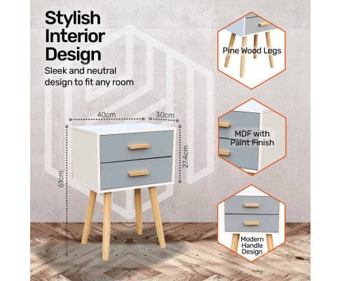 Home Master Bedside Table 2 Drawer Side Table Sleek Modern & Stylish Neutral Design 61cm