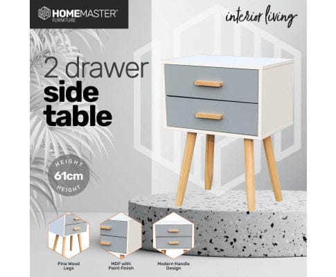 Home Master Bedside Table 2 Drawer Side Table Sleek Modern & Stylish Neutral Design 61cm