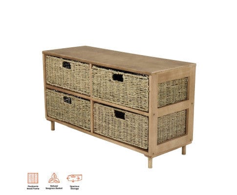 Home Master Tallboy 4 Drawer Natural Seagrass Wooden Storage Chest Stylish 46cm