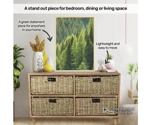 Home Master Tallboy 4 Drawer Natural Seagrass Wooden Storage Chest Stylish 46cm