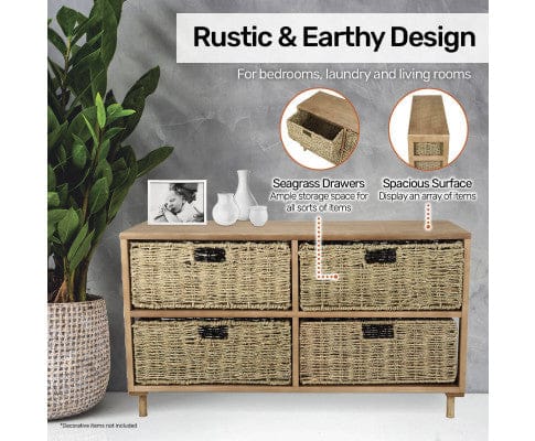 Home Master Tallboy 4 Drawer Natural Seagrass Wooden Storage Chest Stylish 46cm