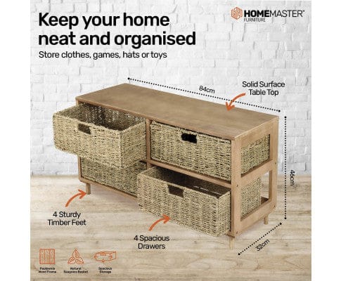 Home Master Tallboy 4 Drawer Natural Seagrass Wooden Storage Chest Stylish 46cm