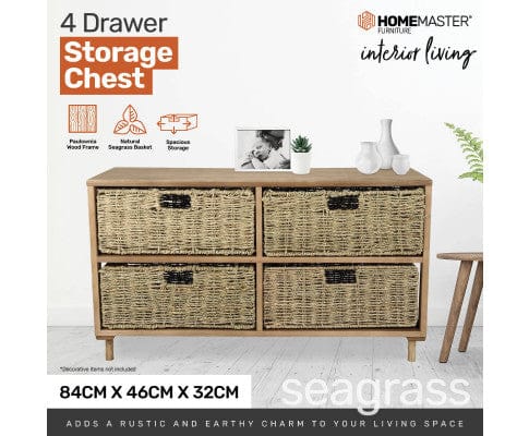Home Master Tallboy 4 Drawer Natural Seagrass Wooden Storage Chest Stylish 46cm