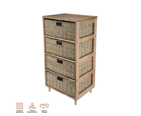 Home Master Tallboy 4 Drawer Natural Seagrass Wooden Storage Chest Stylish 85cm
