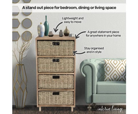 Home Master Tallboy 4 Drawer Natural Seagrass Wooden Storage Chest Stylish 85cm