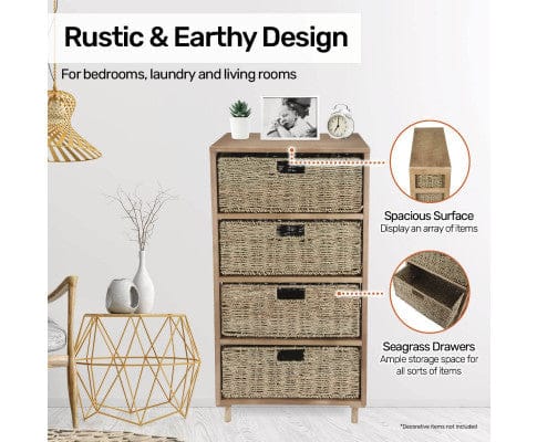 Home Master Tallboy 4 Drawer Natural Seagrass Wooden Storage Chest Stylish 85cm
