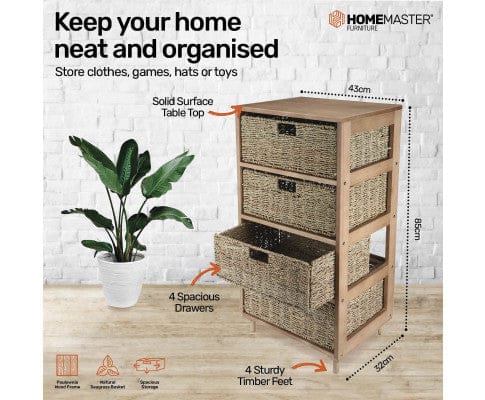 Home Master Tallboy 4 Drawer Natural Seagrass Wooden Storage Chest Stylish 85cm