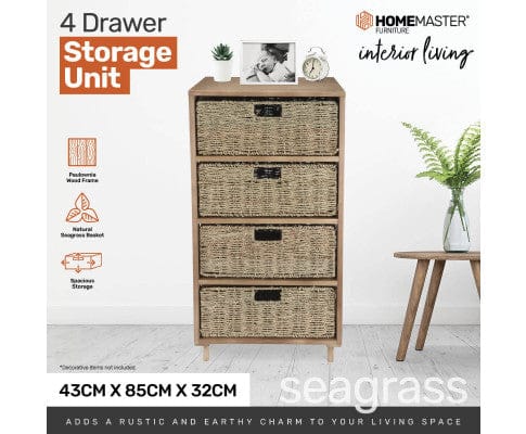 Home Master Tallboy 4 Drawer Natural Seagrass Wooden Storage Chest Stylish 85cm