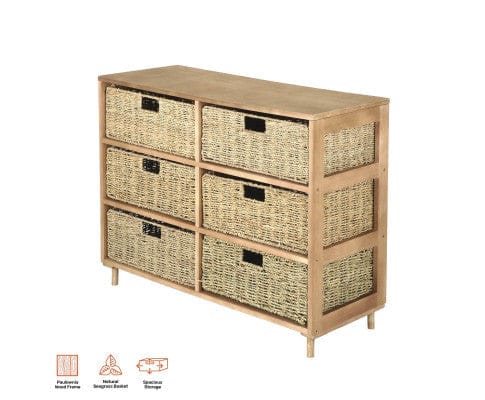 Home Master Tallboy 6 Drawer Natural Seagrass Wooden Storage Chest Stylish 66cm