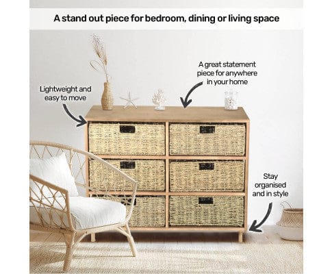 Home Master Tallboy 6 Drawer Natural Seagrass Wooden Storage Chest Stylish 66cm