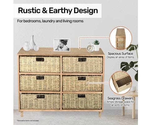 Home Master Tallboy 6 Drawer Natural Seagrass Wooden Storage Chest Stylish 66cm