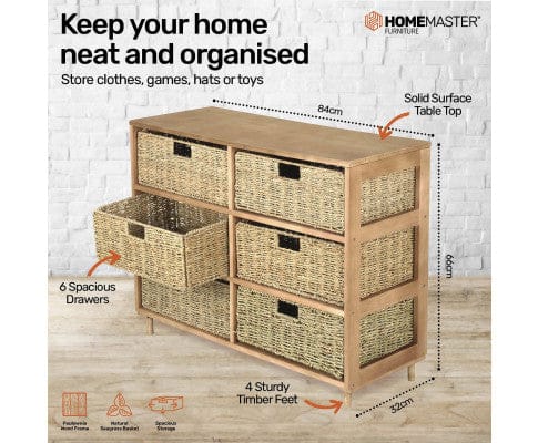Home Master Tallboy 6 Drawer Natural Seagrass Wooden Storage Chest Stylish 66cm