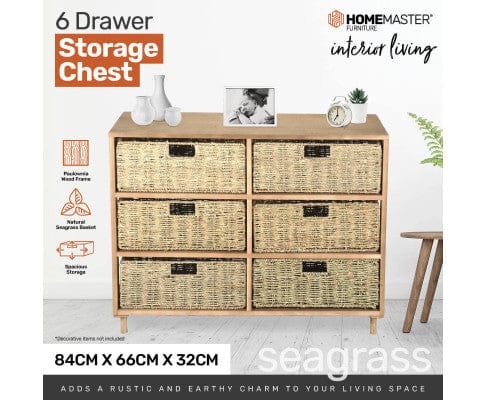 Home Master Tallboy 6 Drawer Natural Seagrass Wooden Storage Chest Stylish 66cm