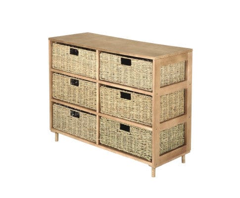 Home Master Tallboy 6 Drawer Natural Seagrass Wooden Storage Chest Stylish 66cm