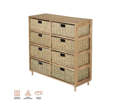 Home Master Tallboy 8 Drawer Natural Seagrass Wooden Storage Chest Stylish 85cm