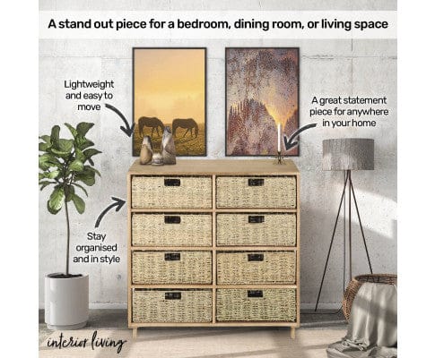 Home Master Tallboy 8 Drawer Natural Seagrass Wooden Storage Chest Stylish 85cm
