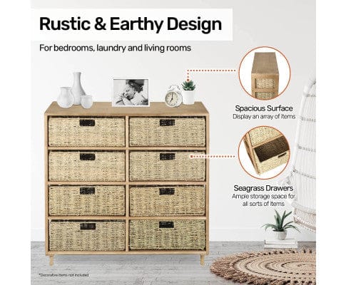 Home Master Tallboy 8 Drawer Natural Seagrass Wooden Storage Chest Stylish 85cm