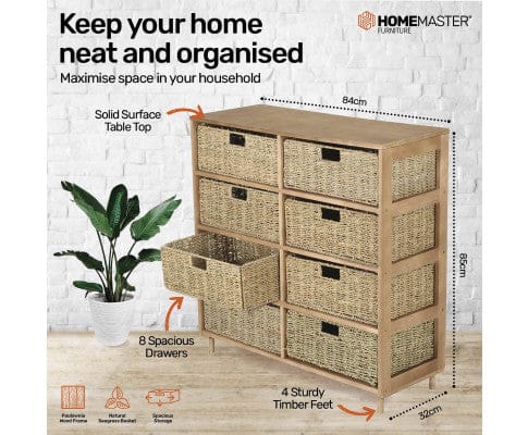 Home Master Tallboy 8 Drawer Natural Seagrass Wooden Storage Chest Stylish 85cm