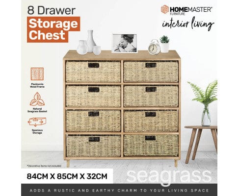 Home Master Tallboy 8 Drawer Natural Seagrass Wooden Storage Chest Stylish 85cm